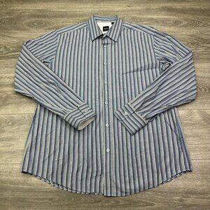 Hugo Boss Shirt Men's Large Blue Striped Button Up Casual Preppy Long Sleeve